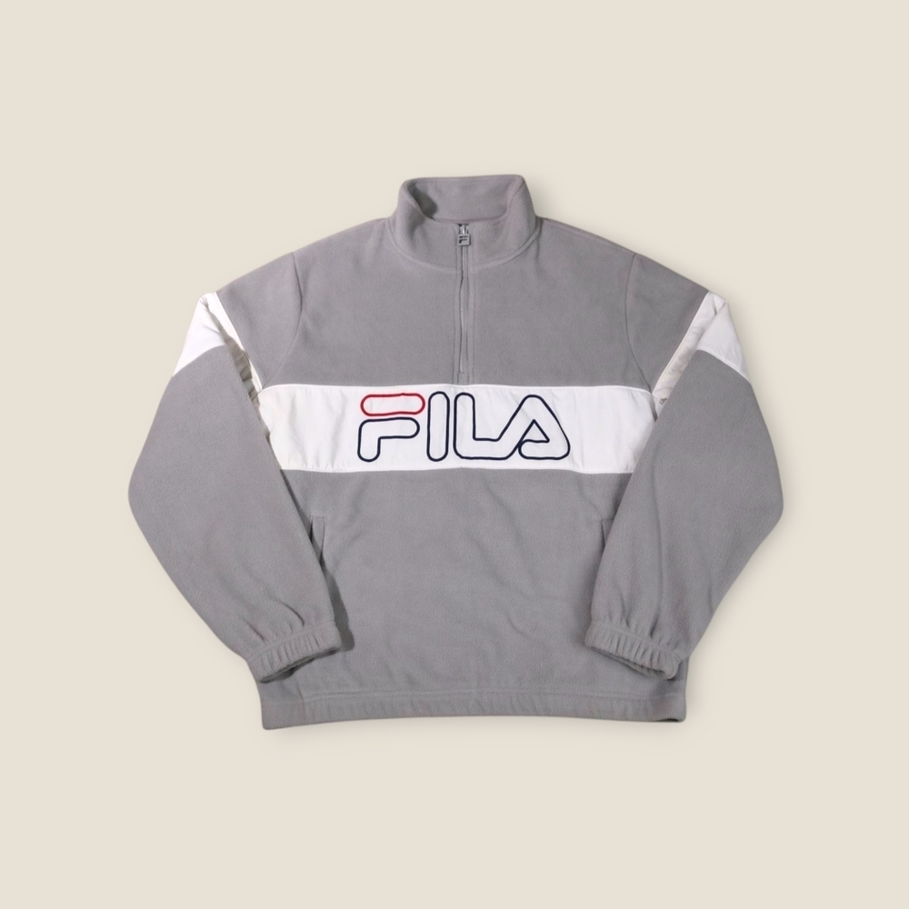 FILA Vintage Retro Men’s 1/2 Zip Fleece Jacket Y2K Medium Grey White
